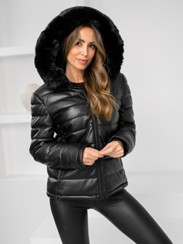 Bolf Damen Gepolsterte Winterjacke Kunstlederjacke mit Kapuze Schwarz  11Z8070