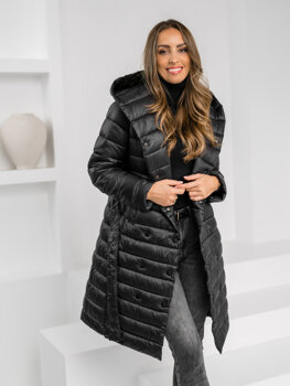 Bolf Damen Lange Gepolsterte Übergangsjacke Mantel mit Kapuze Schwarz  5M3159