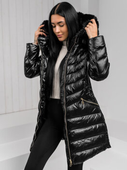 Bolf Damen Lange Gepolsterte Übergangsjacke Mantel mit Kapuze Schwarz  5M3162A1