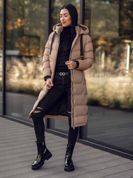 Bolf Damen Lange Gepolsterte Winterjacke Mantel mit Kapuze Camel  5M736