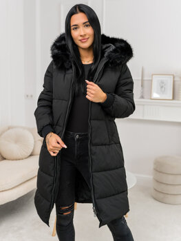 Bolf Damen Lange Gepolsterte Winterjacke Mantel mit Kapuze Schwarz  11Z8082