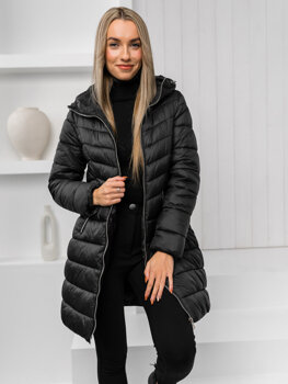 Bolf Damen Lange Gepolsterte Winterjacke Mantel mit Kapuze Schwarz  11Z8083