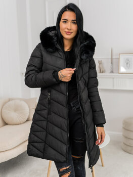 Bolf Damen Lange Gepolsterte Winterjacke Mantel mit Kapuze Schwarz  16M9195