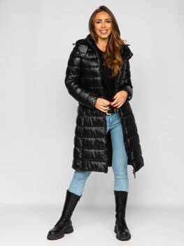 Bolf Damen Lange Gepolsterte Winterjacke Mantel mit Kapuze Schwarz  MB0276