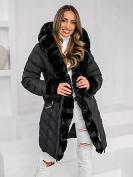 Bolf Damen Lange Gepolsterte Winterjacke mit Kapuze Schwarz  5M3156