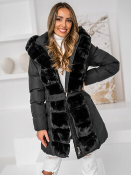 Bolf Damen Lange Gepolsterte Winterjacke mit Kapuze Schwarz  5M3158