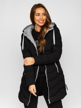 Bolf Damen Lange Gepolsterte Winterjacke mit Kapuze Schwarz  7075