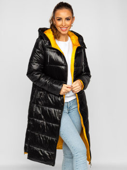 Bolf Damen Lange Gepolsterte Winterjacke mit Kapuze Schwarz  J9063