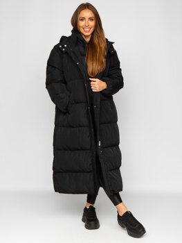 Bolf Damen Lange Gepolsterte Winterjacke mit Kapuze Schwarz  R6702