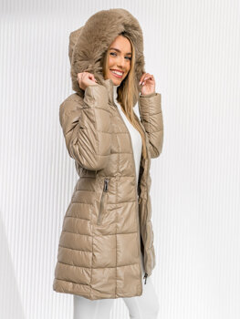 Bolf Damen Lange Gepolsterte Winzterjacke Mantel Beige z kapturem  16M9120