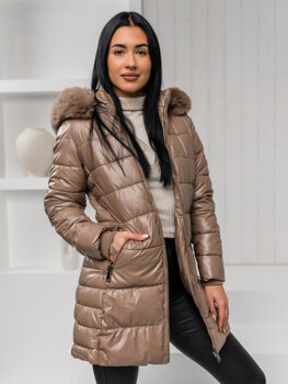 Bolf Damen Lange Geposlterte Winterjacke Mantel mit Kapuze Braun  16M9120