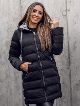 Bolf Damen Lange Winter Steppjacke mit Kapuze Schwarz  7081