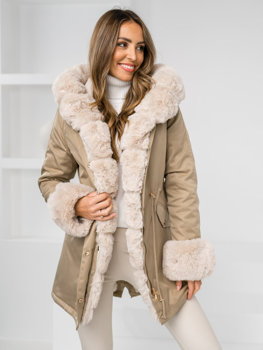 Bolf Damen Lange Winterjacke Parka mit Kapuze Beige  B553