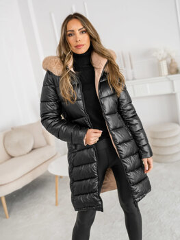 Bolf Damen Zweiseitige Lange Gepolsterte Winterjacke Mantel mit Kapuze Schwarz  B8202