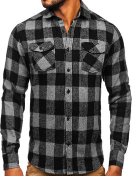 Bolf Herren Flanellhemd Langarm Schwarzgrau  20723