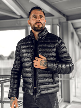 Bolf Herren Gepolsterte Kunstlederjacke Schwarz  0021B