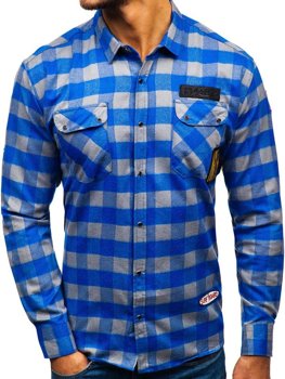 Bolf Herren Hemd Flanell Langarm Blau-Grau 2503