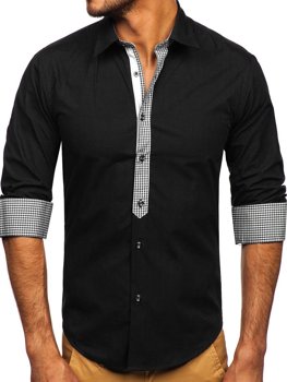 Bolf Herren Hemd Langarm Elegant Schwarz  6873