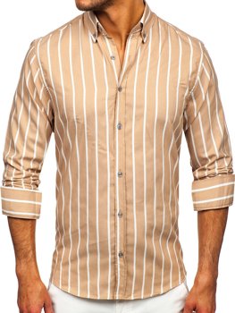 Bolf Herren Hemd Langarm Gestreift Beige  20730