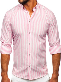 Bolf Herren Hemd Langarm Gestreift Rosa  22731