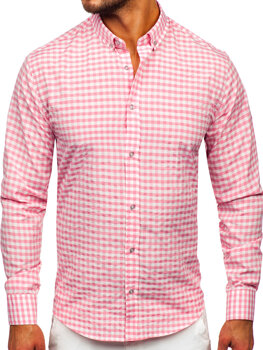 Bolf Herren Hemd Langarm Kariert Vichy Rosa 22747