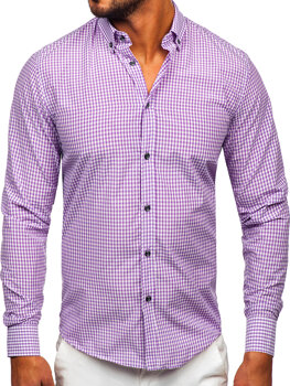 Bolf Herren Hemd Langarm Kariert Violett  22745