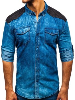 Bolf Herren Jeanshemd Gemustert Langarm Blau  0517