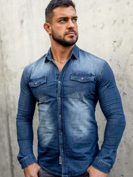 Bolf Herren Jeanshemd Langarm Azurblau  MC7051BC