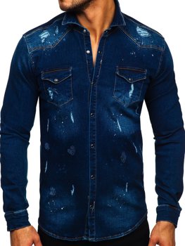 Bolf Herren Jeanshemd Langarm Dunkelblau  R801