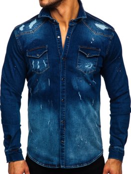 Bolf Herren Jeanshemd Langarm Dunkelblau  R802