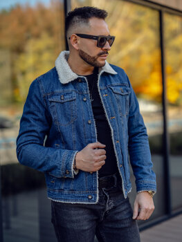 Bolf Herren Jeansjacke Turcker Jacke Warm Gefüttert mit Teddyfell Kragen Dunkelblau  1156