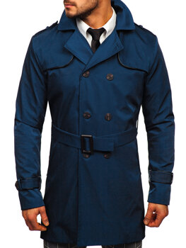 Bolf Herren Mantel Zweireihiger Trenchcoat mit Hochkragen und Gürtel Hellblau  0001