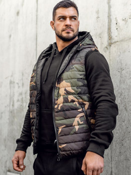 Bolf Herren Steppweste mit Kapuze Camo Khaki  7106A