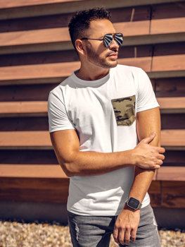 Bolf Herren T-Shirt mit Brusttasche mit Motiv Camo Weiß-Grün  8T85A