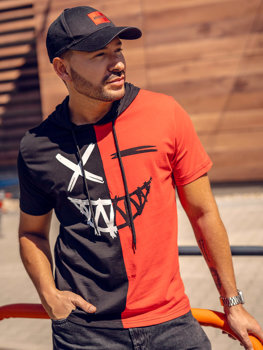 Bolf Herren T-Shirt mit Motib mit Kapuze Schwarz-Rot  8T981A