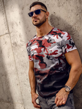 Bolf Herren T-Shirt mit Print Camo Grau-Weinrot  S808A1