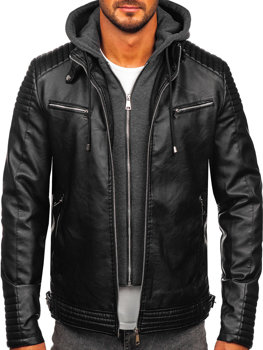 Bolf Herren Warme Kunstlederjacke mit Kapuze Schwarz  11Z8063