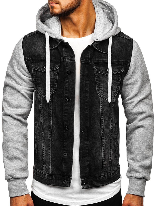 Herren Jeansjacke mit Kapuze Schwarz Bolf 211902