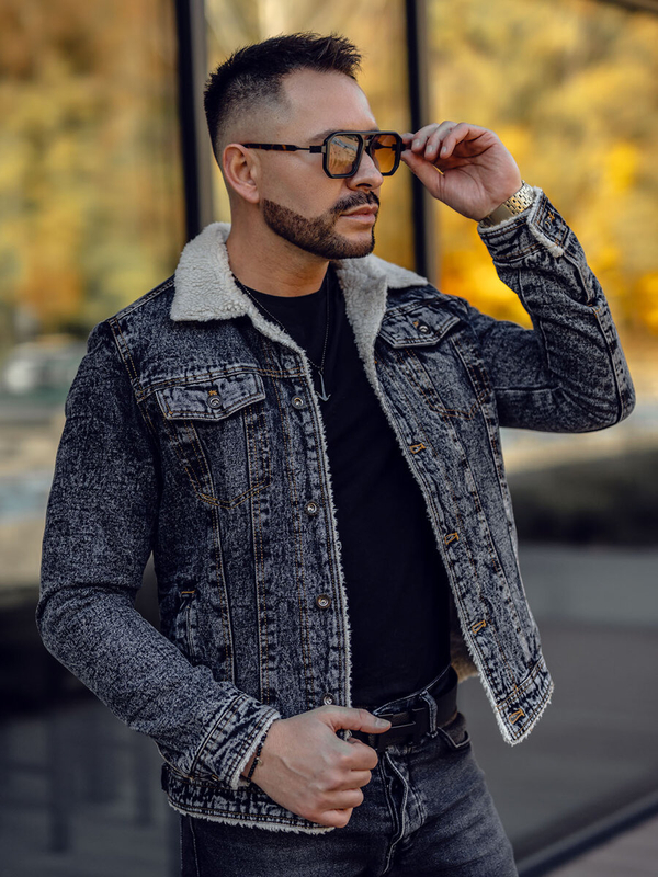 Herren Jeansjacke Turcker Jacke Warm Gefüttert mit Teddyfell Kragen Schwarzgrau Bolf 1109